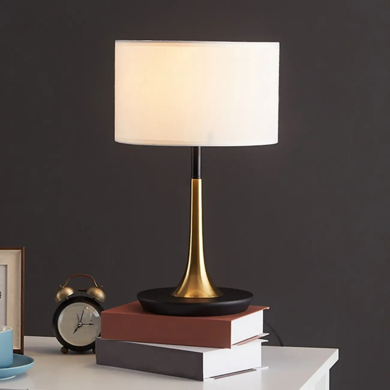 Elegant Wooden Base Geometric Fabric Shape Plug In Electric Table Lamp For Bedroom Image - 4