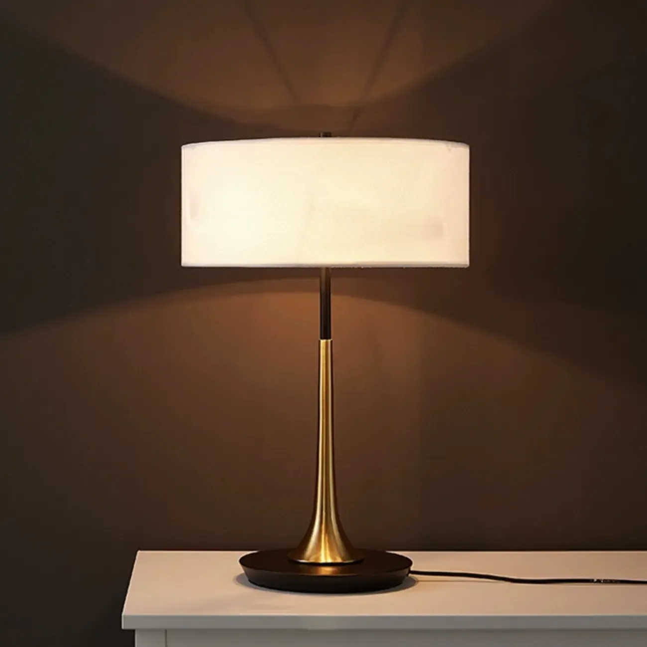 Elegant Wooden Base Geometric Fabric Shape Plug In Electric Table Lamp For Bedroom Image - 5