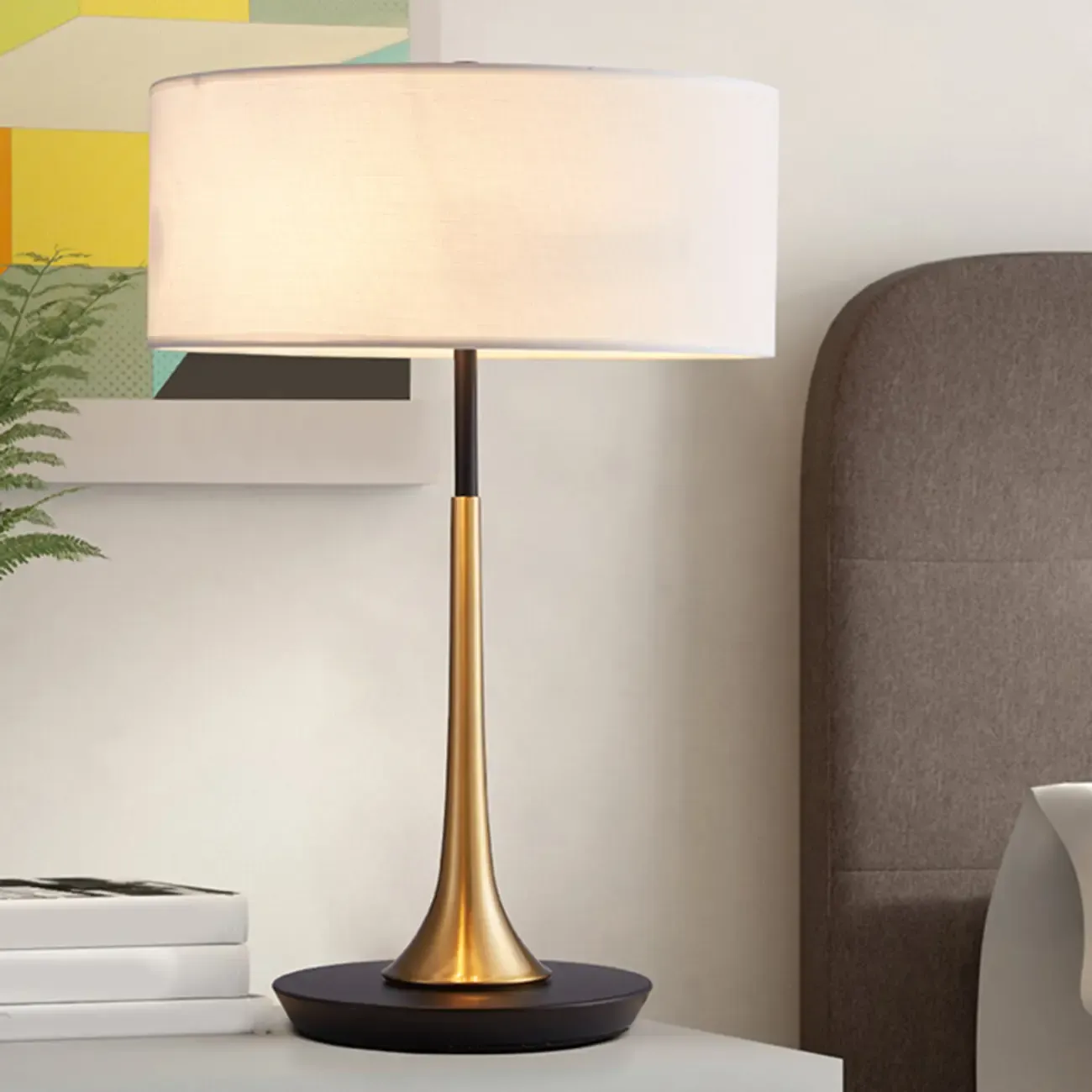 Elegant Wooden Base Geometric Fabric Shape Plug In Electric Table Lamp For Bedroom Image - 6