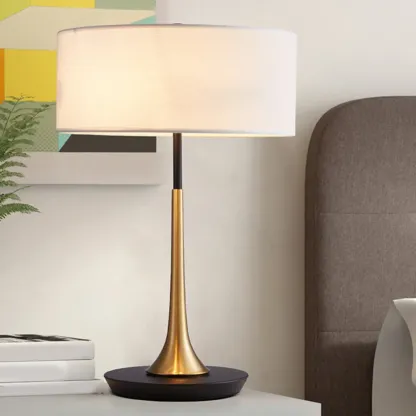 Elegant Wooden Base Geometric Fabric Shape Plug In Electric Table Lamp For Bedroom Image - 6