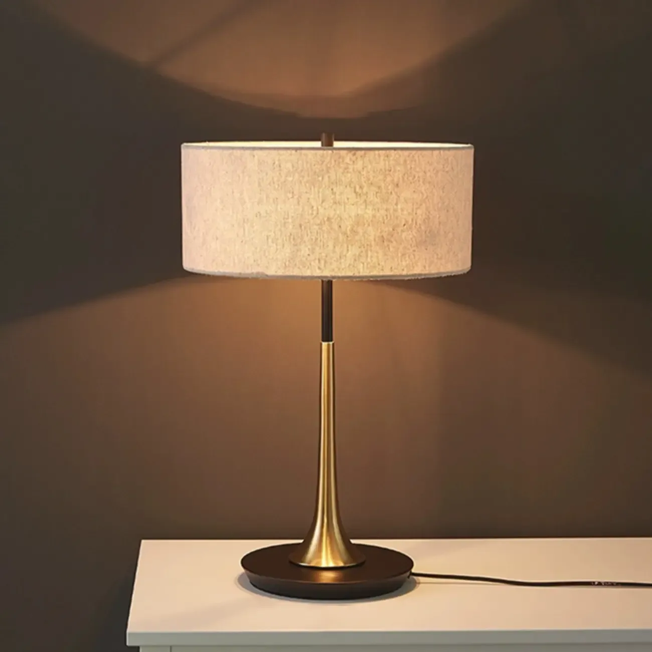 Elegant Wooden Base Geometric Fabric Shape Plug In Electric Table Lamp For Bedroom Image - 7