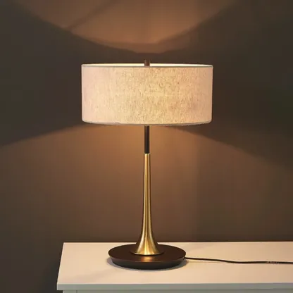 Elegant Wooden Base Geometric Fabric Shape Plug In Electric Table Lamp For Bedroom Image - 7