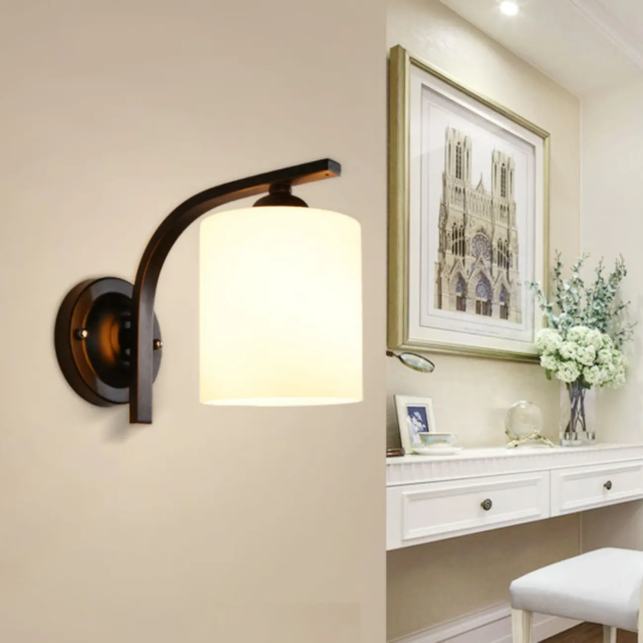 Vintage White Glass Cylindrical Wall Lamp with Arced Arm for Indoor Use Image - 1 | homeyfad