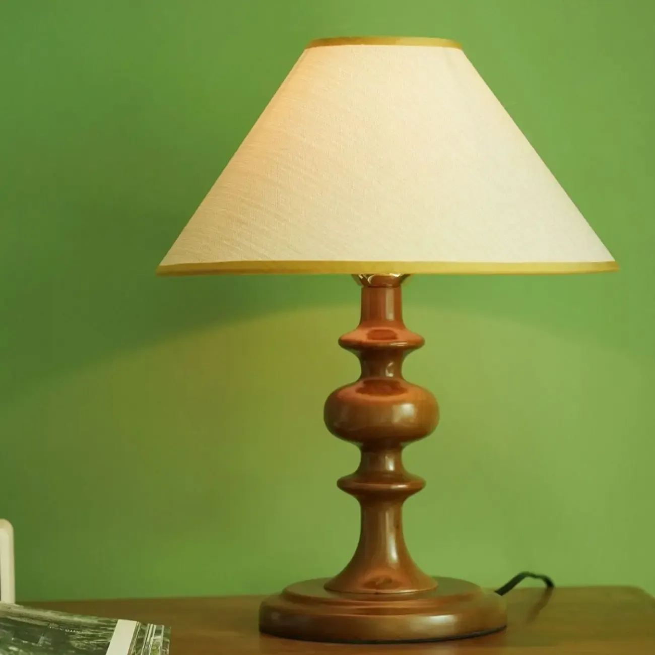 Modern Wooden Bedside Lamp with Fabric Shade for Home Image - 6