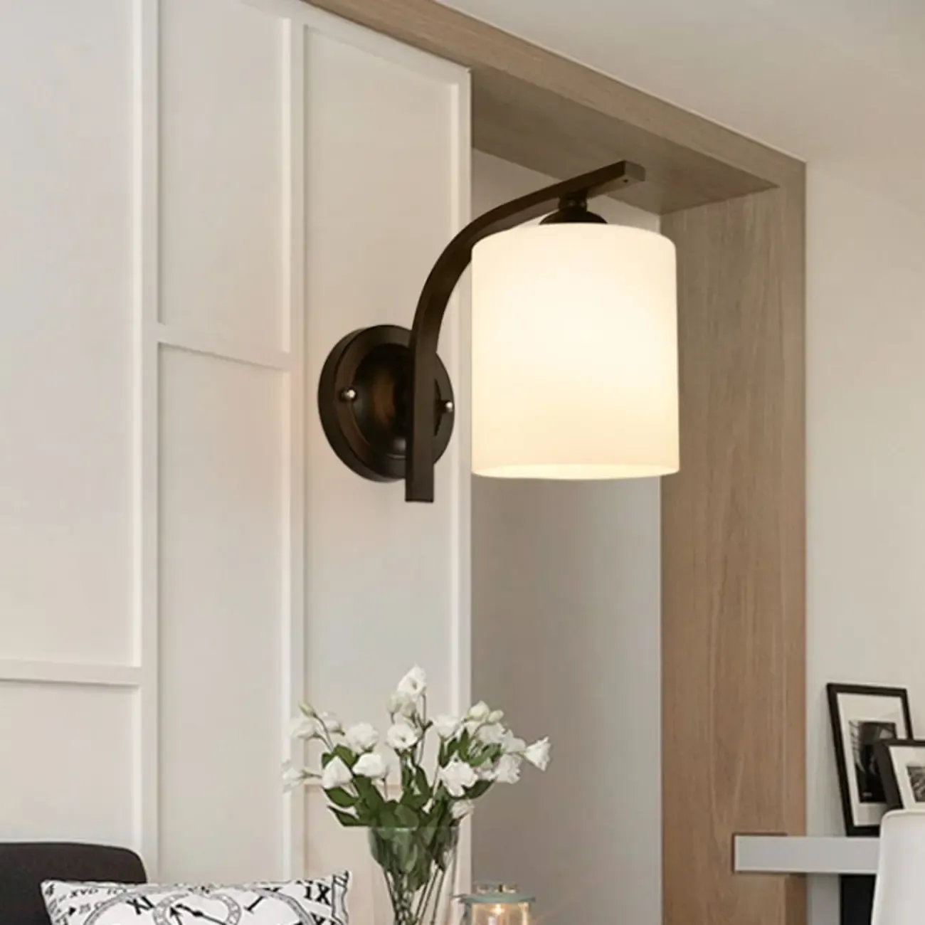 Vintage White Glass Cylindrical Wall Lamp with Arced Arm for Indoor Use Image - 3