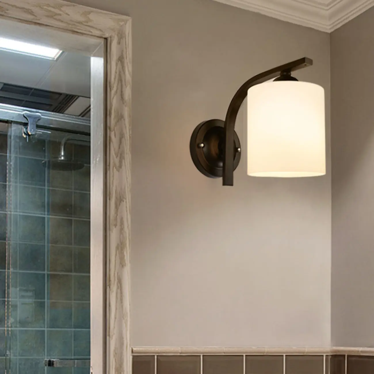 Vintage White Glass Cylindrical Wall Lamp with Arced Arm for Indoor Use Image - 4 | homeyfad