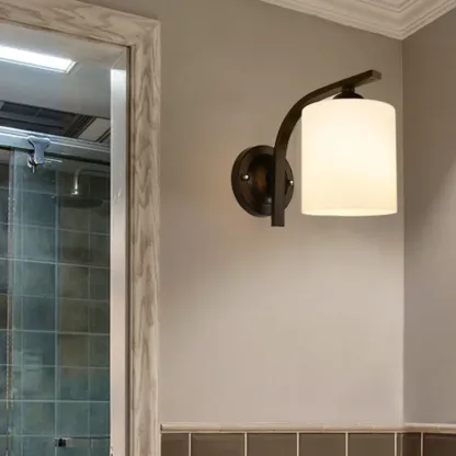 Vintage White Glass Cylindrical Wall Lamp with Arced Arm for Indoor Use Image - 4