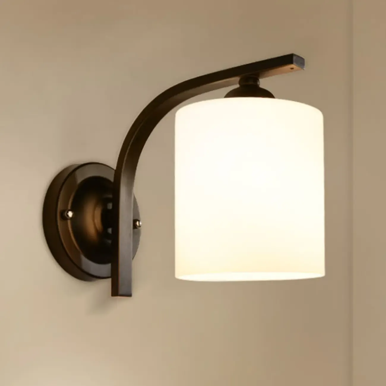 Vintage White Glass Cylindrical Wall Lamp with Arced Arm for Indoor Use Image - 7