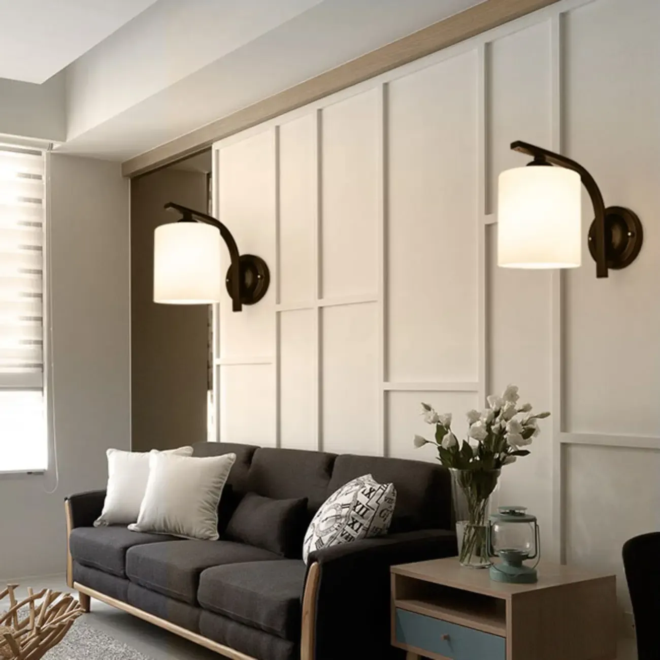 Vintage White Glass Cylindrical Wall Lamp with Arced Arm for Indoor Use Image - 12