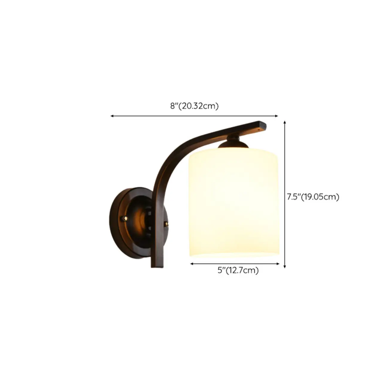 Vintage White Glass Cylindrical Wall Lamp with Arced Arm for Indoor Use #size | homeyfad