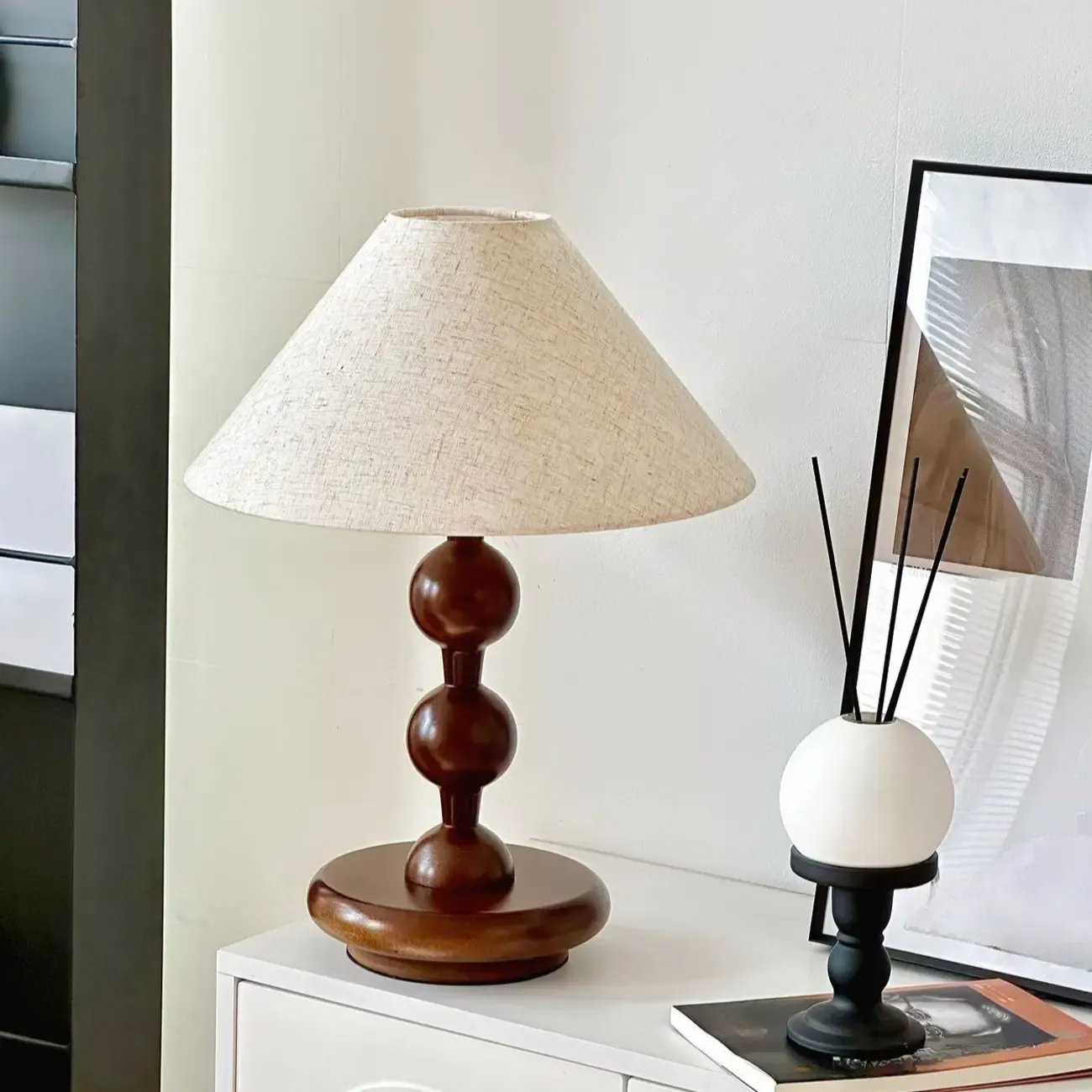 White Cone Shade Wooden Base Table Lamp for Bedroom Image - 1