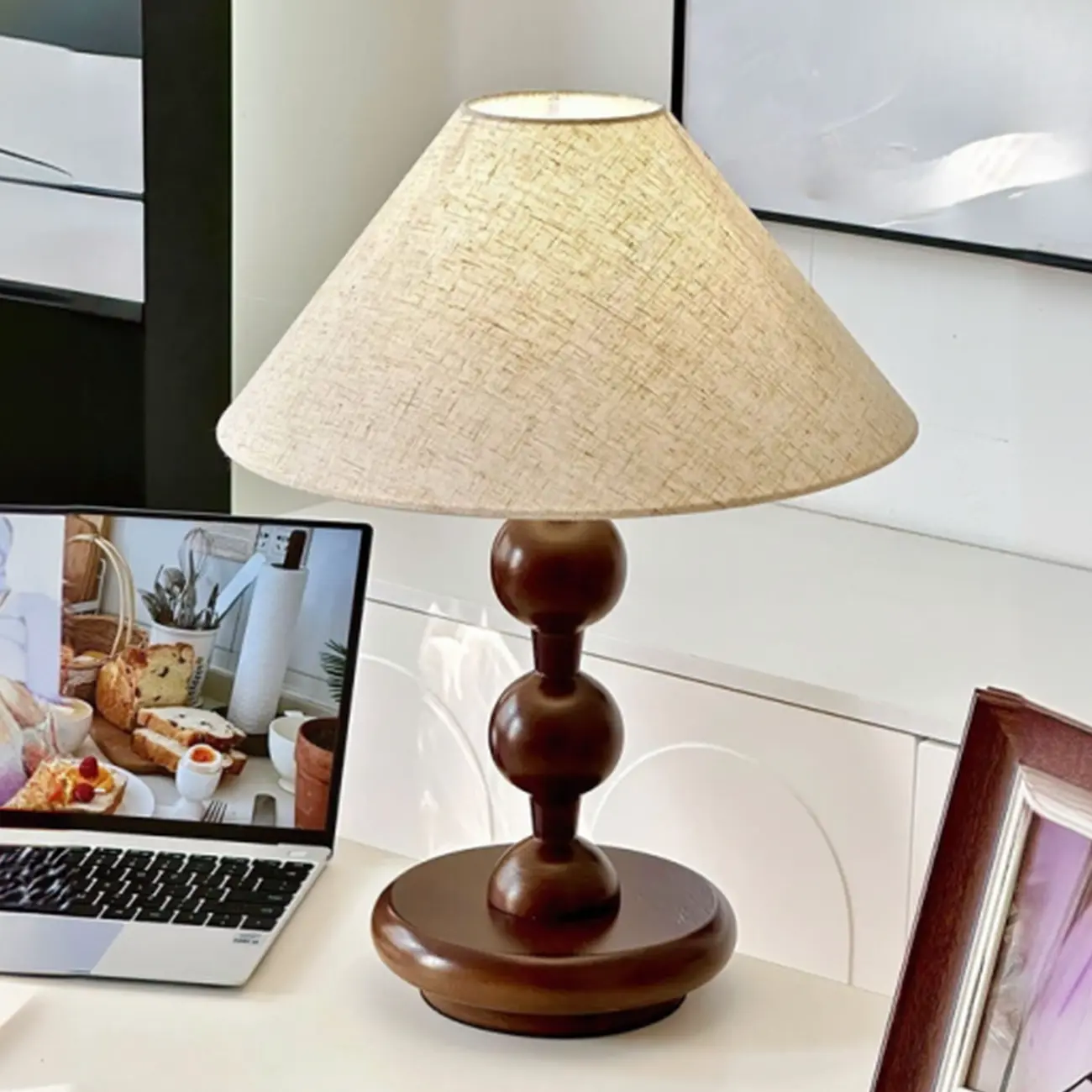 White Cone Shade Wooden Base Table Lamp for Bedroom Image - 3 | homeyfad