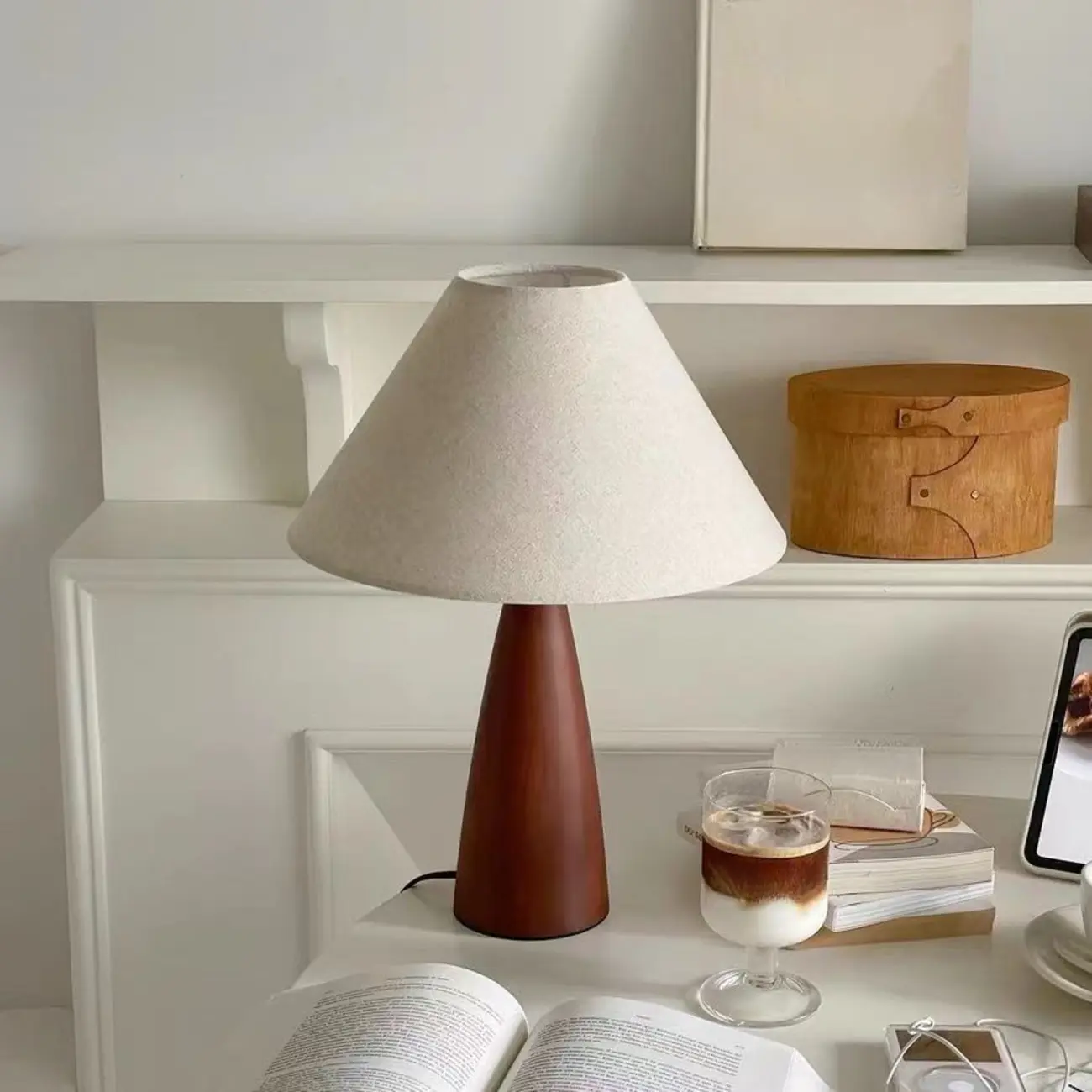 Trendy Walnut Wood Table Lamp Plug-In Electric for Bedroom Image - 2 | homeyfad
