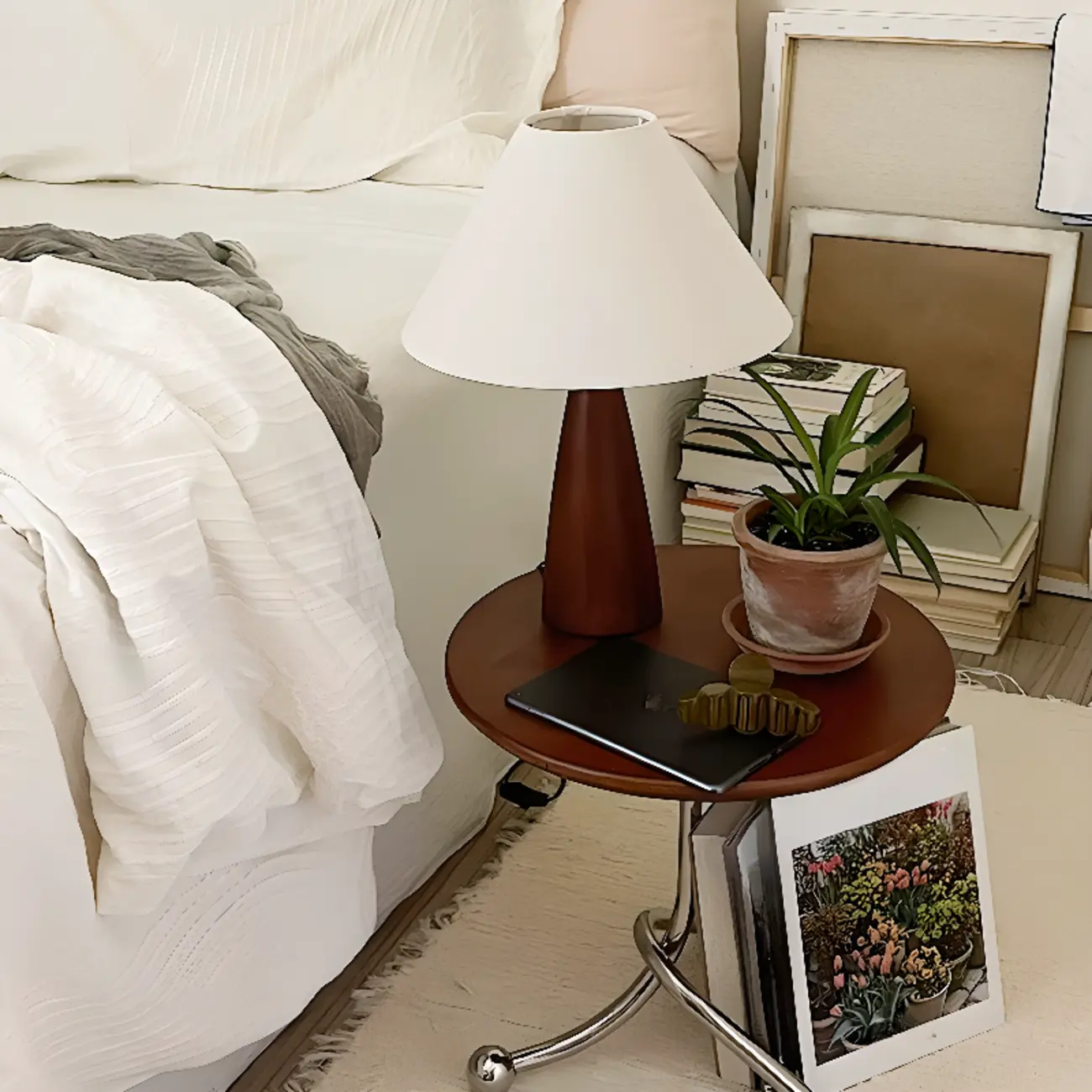 Trendy Walnut Wood Table Lamp Plug-In Electric for Bedroom Image - 5 | homeyfad