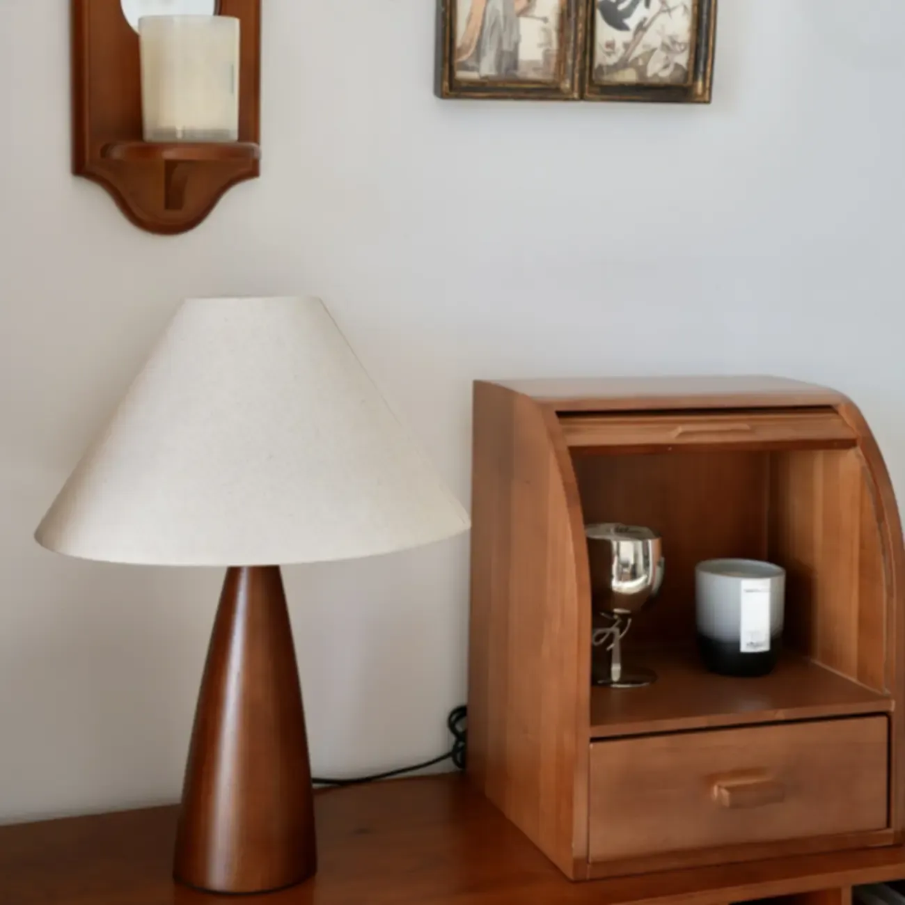 Trendy Walnut Wood Table Lamp Plug-In Electric for Bedroom Image - 6