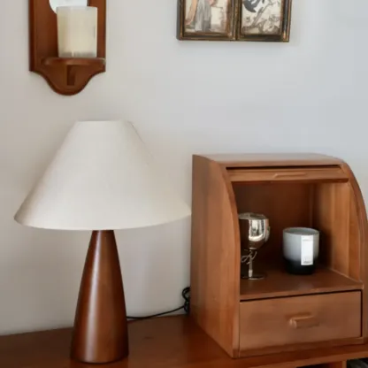 Trendy Walnut Wood Table Lamp Plug-In Electric for Bedroom Image - 6