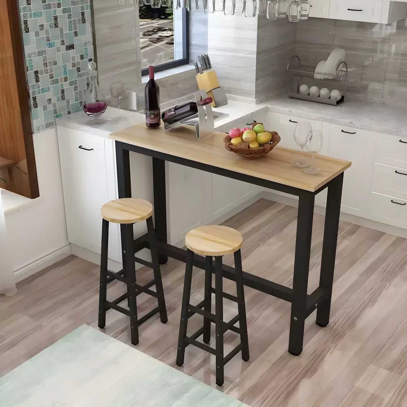 Modern Rectangular Wood Bar Set with Metal Base Image - 1 | homeyfad
