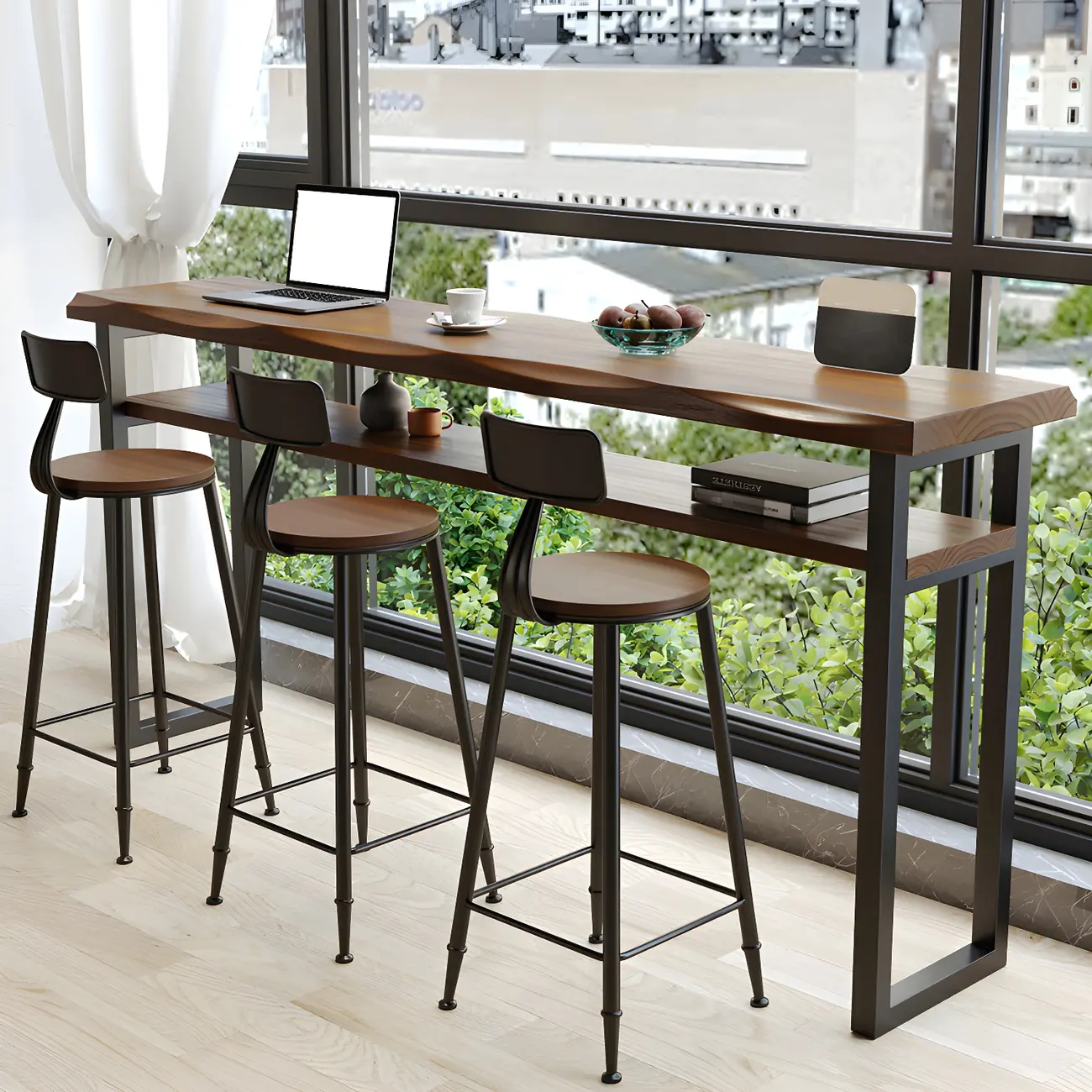 Industrial Solid Wood Black Rectangular Bar Table Set Image - 1 | homeyfad