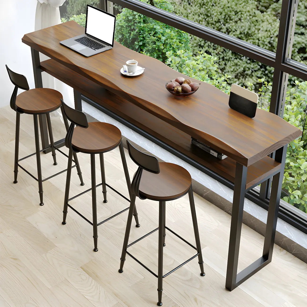 Industrial Solid Wood Black Rectangular Bar Table Set Image - 2 | homeyfad