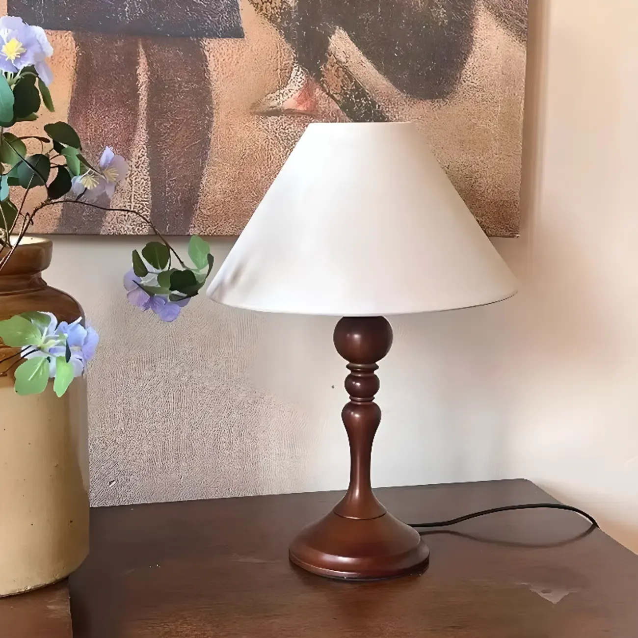 Modern Walnut Table Lamp With Down Fabric Cone Shade For Residential Use Image - 1