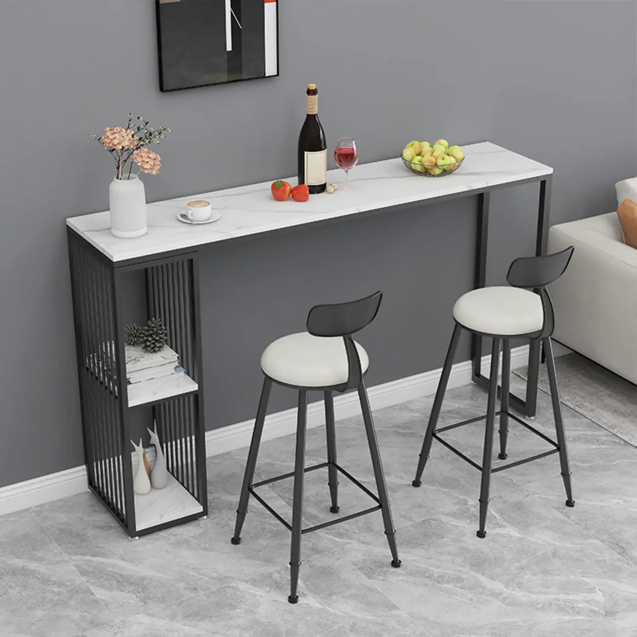 Modern Stone Top Bar Table with Shelves Image - 2 | homeyfad