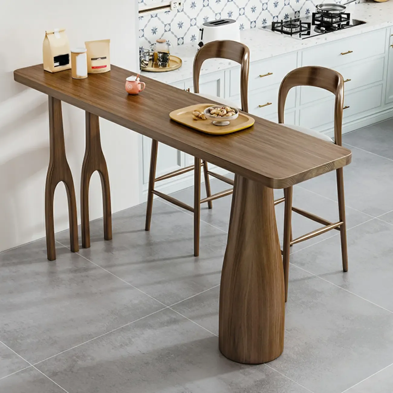 Modern Pine Wood Bar Set with Upholstered Chairs Image - 1