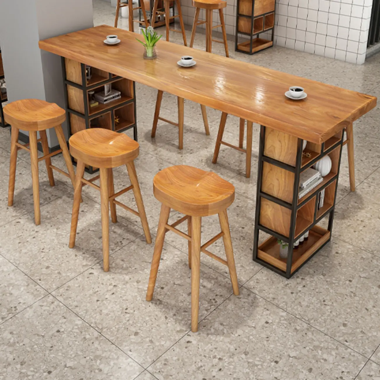 Elegant Pub Table with Wooden Top and Storage Shelves Image - 2 | homeyfad