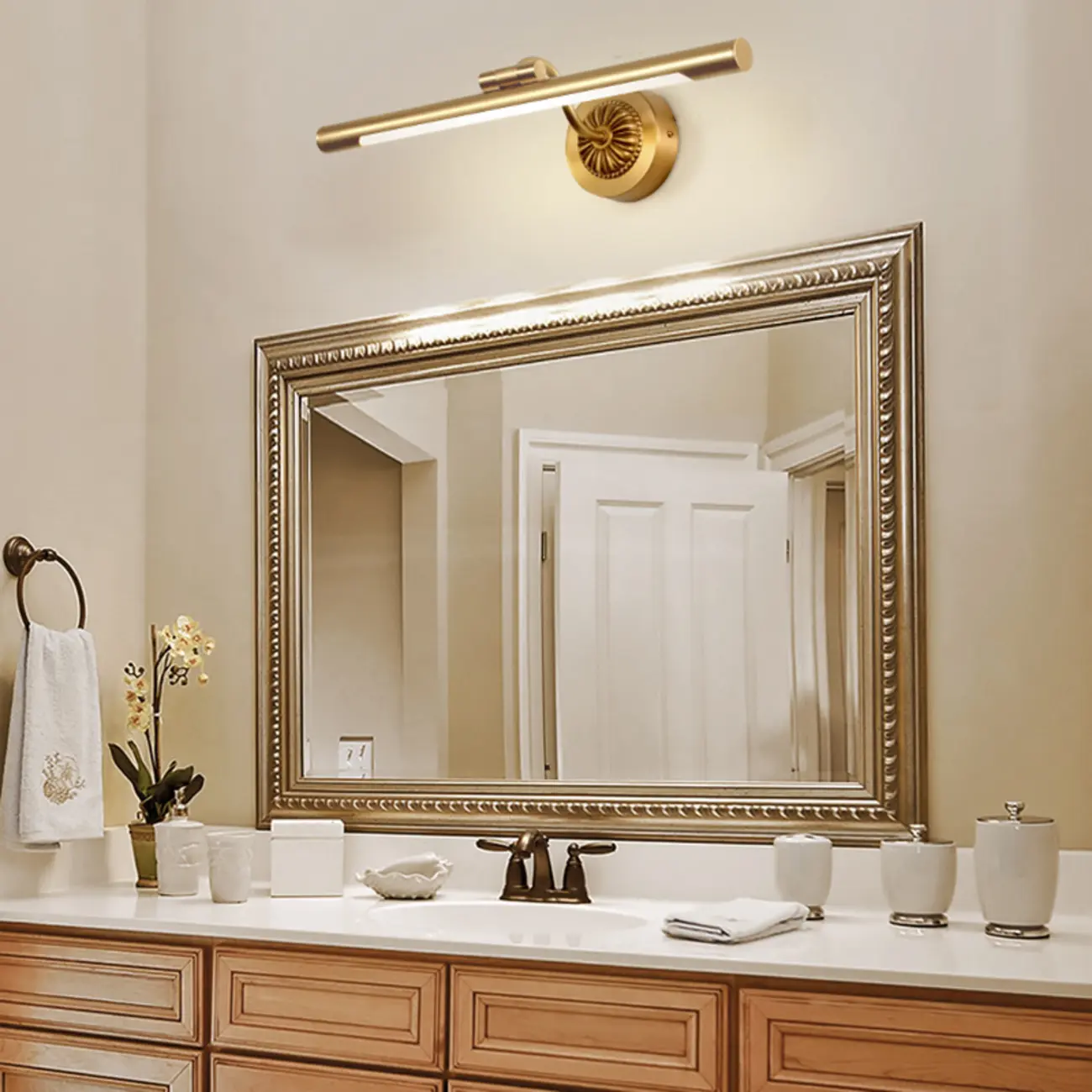 Gold Acrylic Cylinder Vanity Light with Arced Arm for Luxury Bathroom Image - 1 | homeyfad