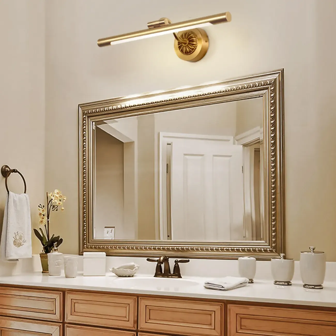 Gold Acrylic Cylinder Vanity Light with Arced Arm for Luxury Bathroom Image - 1