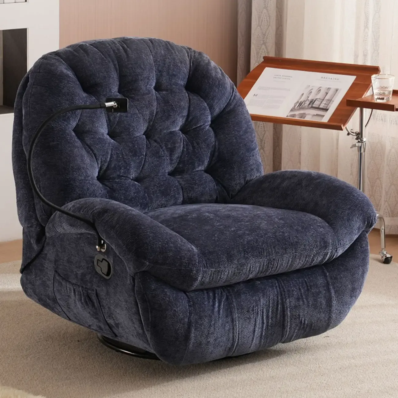 Modern Tufted Upholstery Swivel Rocker Recliner Chair with Flexible Foot/Back Image - 4