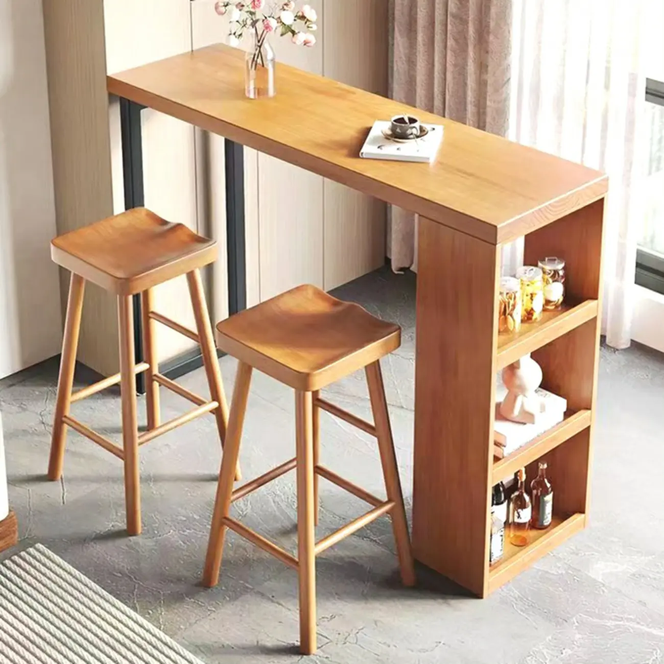 Natural Wood Bar Table with Storage Shelf and Footrest Image - 1 | homeyfad