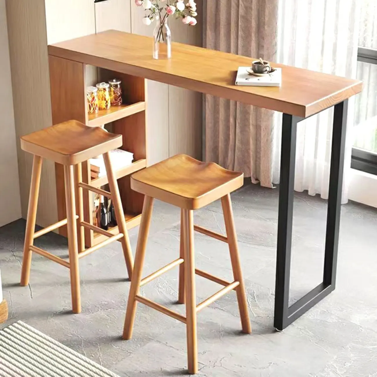 Natural Wood Bar Table with Storage Shelf and Footrest Image - 2 | homeyfad