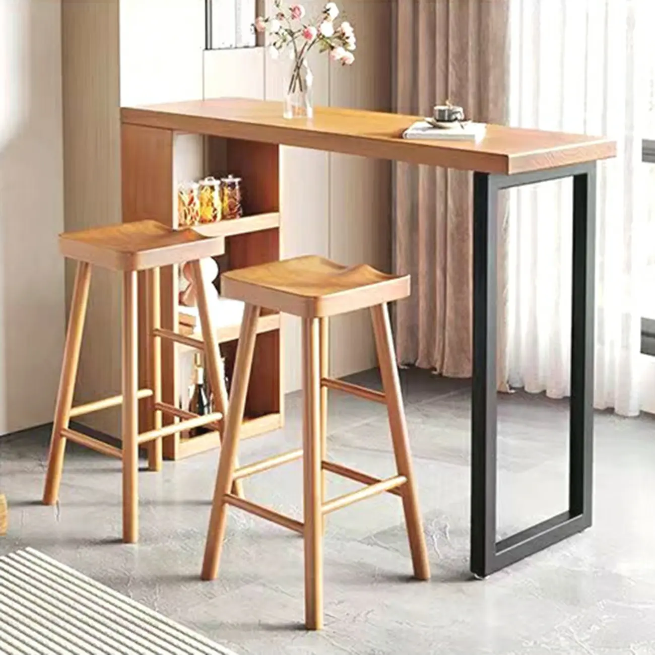 Natural Wood Bar Table with Storage Shelf and Footrest Image - 3 | homeyfad