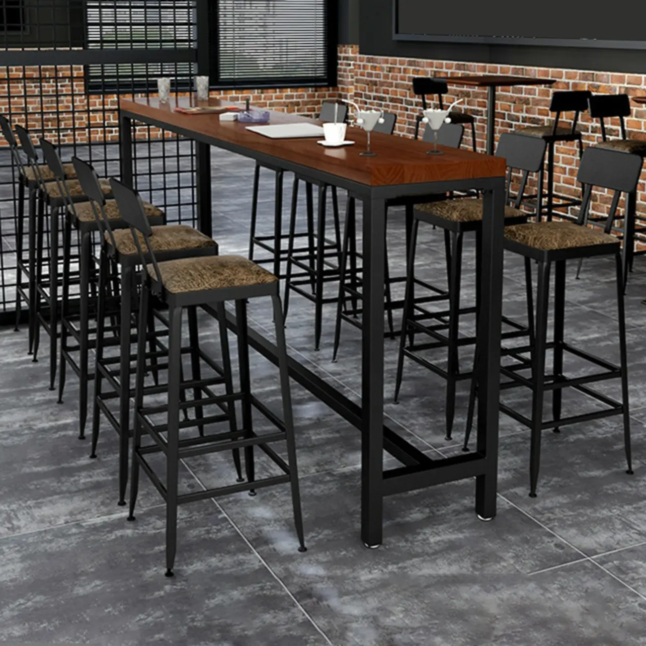 Retro Solid Wood Trestle Base Sofa Bar Table with Footrest Image - 2 | homeyfad