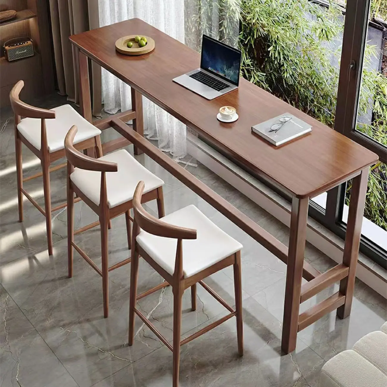 Natural Wood Bar Dining Set with Trestle Footrest Image - 1 | homeyfad