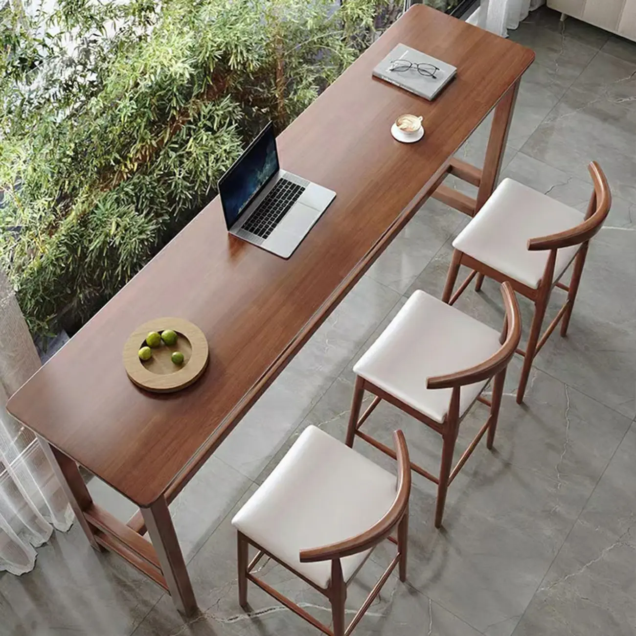 Natural Wood Bar Dining Set with Trestle Footrest Image - 2 | homeyfad