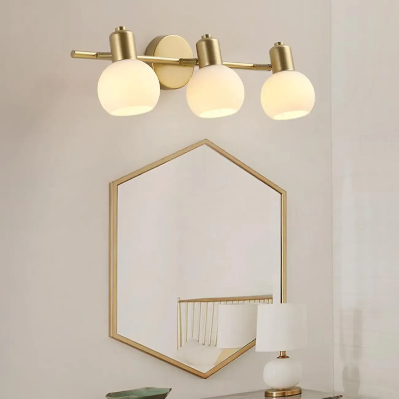 Modern Gold 3 Head Dimmable Vanity Lamp with Globe Glass Shades For Bathroom Image - 4