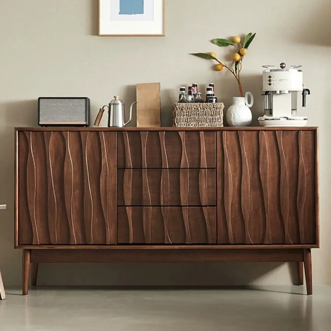 Scandinavian Brown Solid Wood Buffet Table with Drawers Image - 1