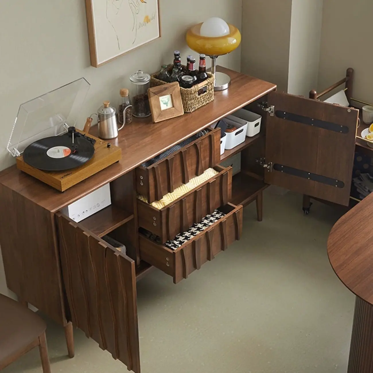 Scandinavian Brown Solid Wood Buffet Table with Drawers Image - 4 | homeyfad