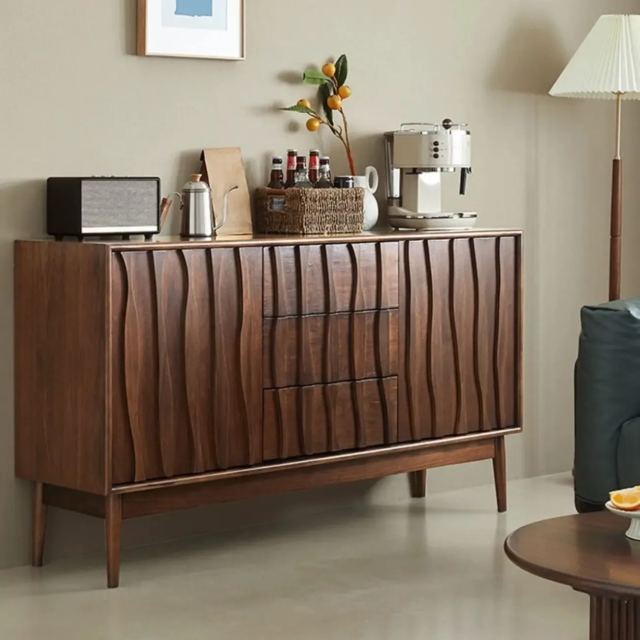 Scandinavian Brown Solid Wood Buffet Table with Drawers Image - 5