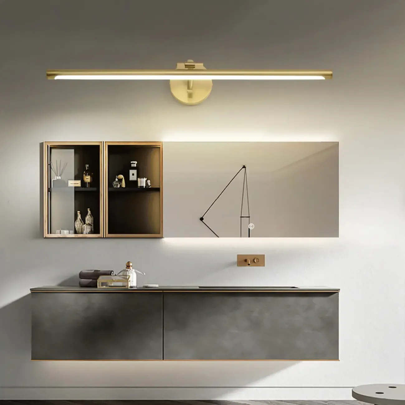Modern Gold Linear LED Vanity Light with Arced Arm for Mirror Front Image - 2
