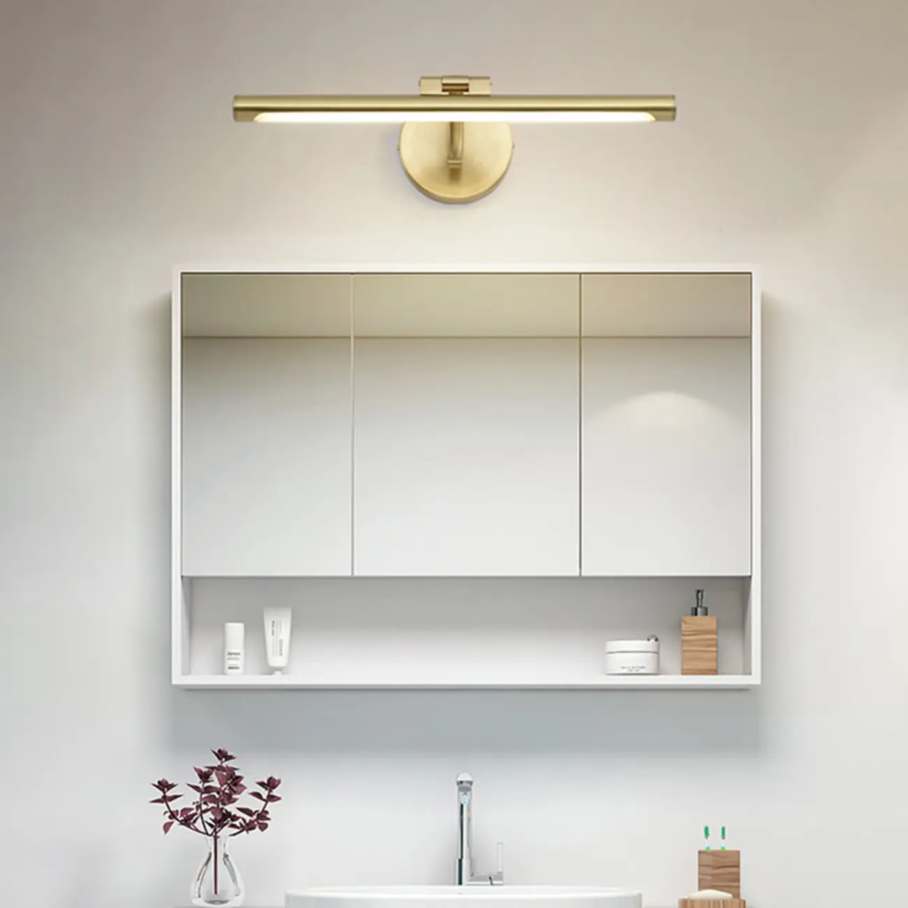 Modern Gold Linear LED Vanity Light with Arced Arm for Mirror Front Image - 3 | homeyfad