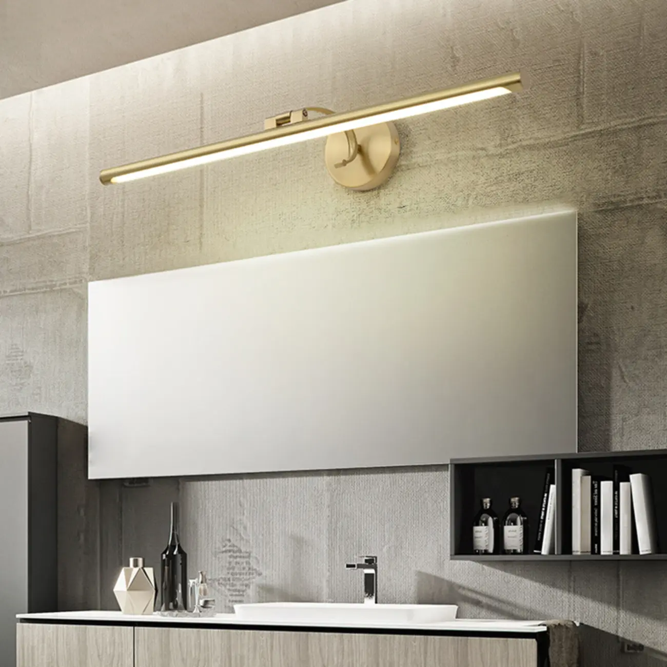 Modern Gold Linear LED Vanity Light with Arced Arm for Mirror Front Image - 4 | homeyfad