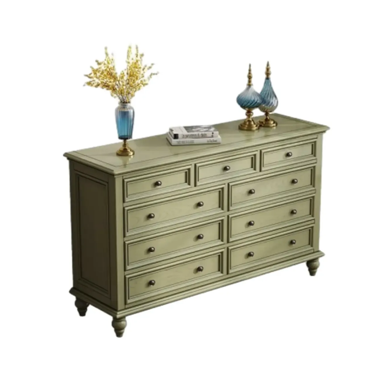 French Country Green Wooden Sideboard with Drawers Image - 3