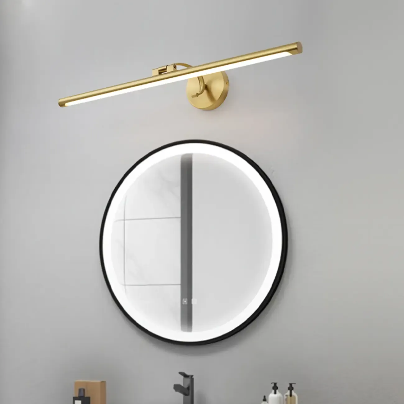 Modern Gold Linear LED Vanity Light with Arced Arm for Mirror Front Image - 13