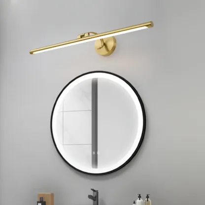 Modern Gold Linear LED Vanity Light with Arced Arm for Mirror Front Image - 13