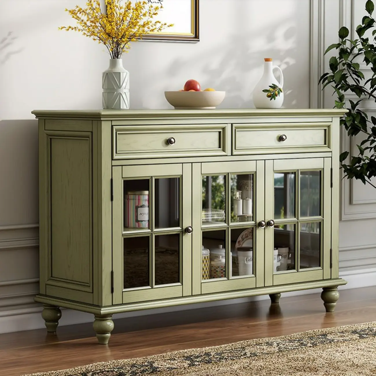 French Country Green Wooden Sideboard with Drawers Image - 4 | homeyfad