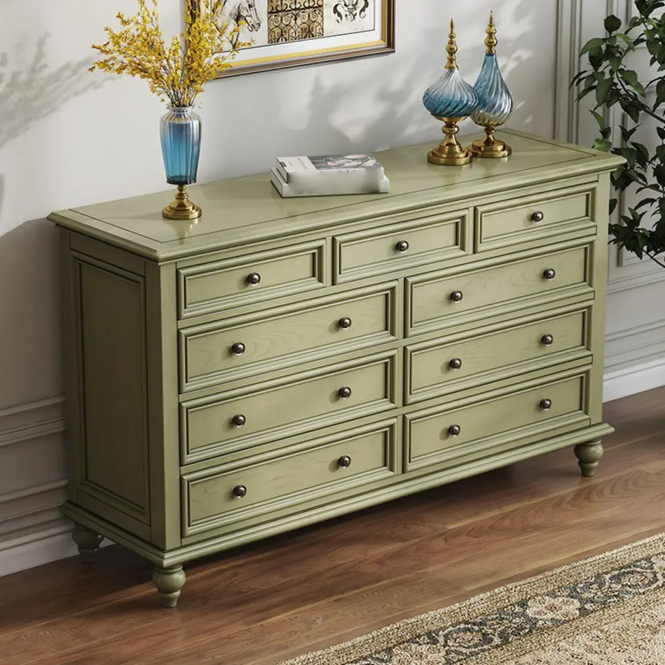French Country Green Wooden Sideboard with Drawers Image - 6