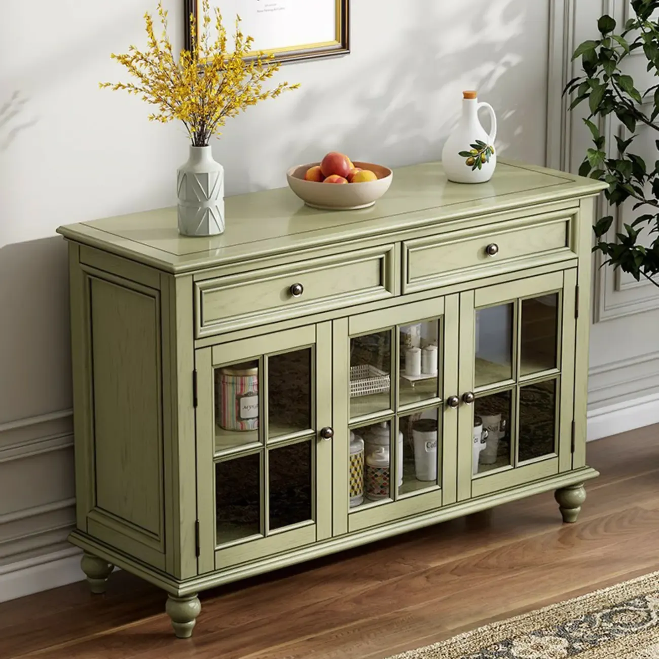 French Country Green Wooden Sideboard with Drawers Image - 7