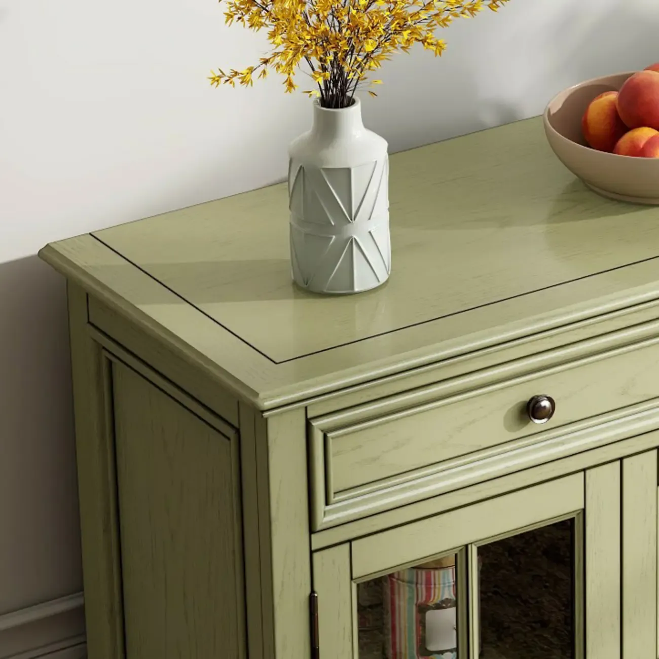 French Country Green Wooden Sideboard with Drawers Image - 9